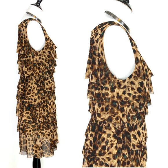 New Kay Unger Tiered Ruffle Mesh Leopard Pattern Sleeveless Dress Large - Picture 6 of 16